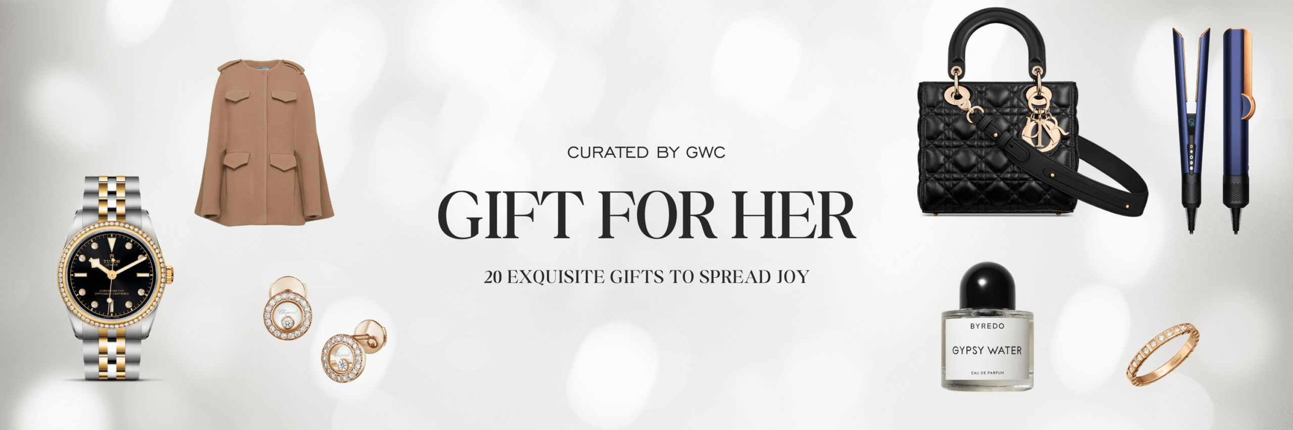 Elegant "Gift for Her" banner featuring a wristwatch, tan jacket, black handbag, pens, and perfumes.