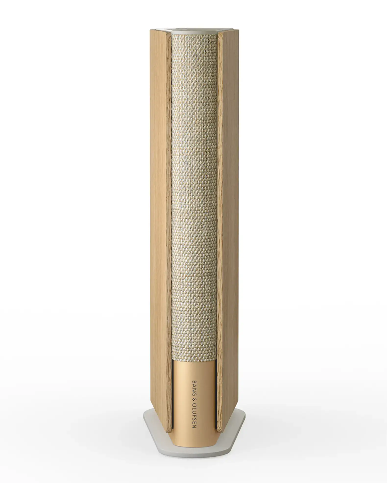 Modern floor-standing speaker with wooden side panels and metallic mesh front.
