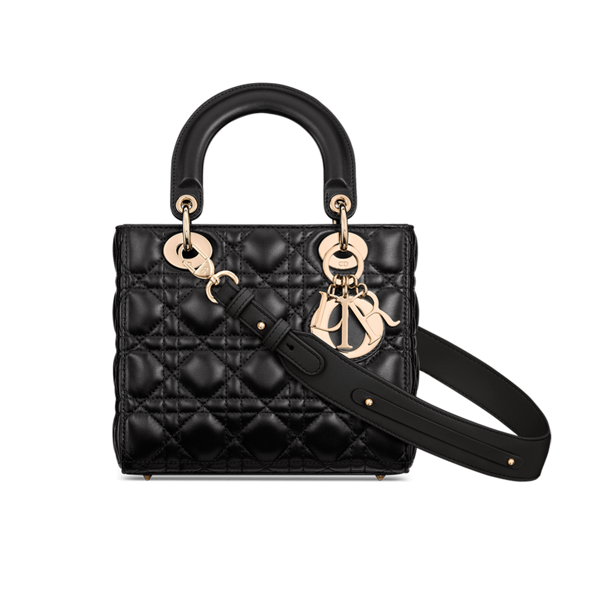 A black quilted leather handbag with gold-tone hardware, featuring a top handle, a detachable shoulder strap, and decorative charms.