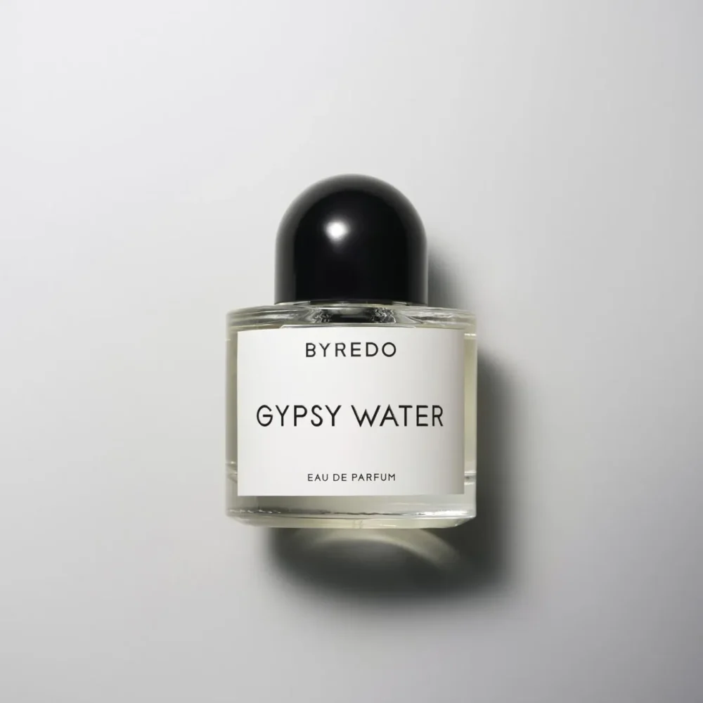 A bottle of Byredo Gypsy Water Eau de Parfum on a plain light background, viewed from above.
