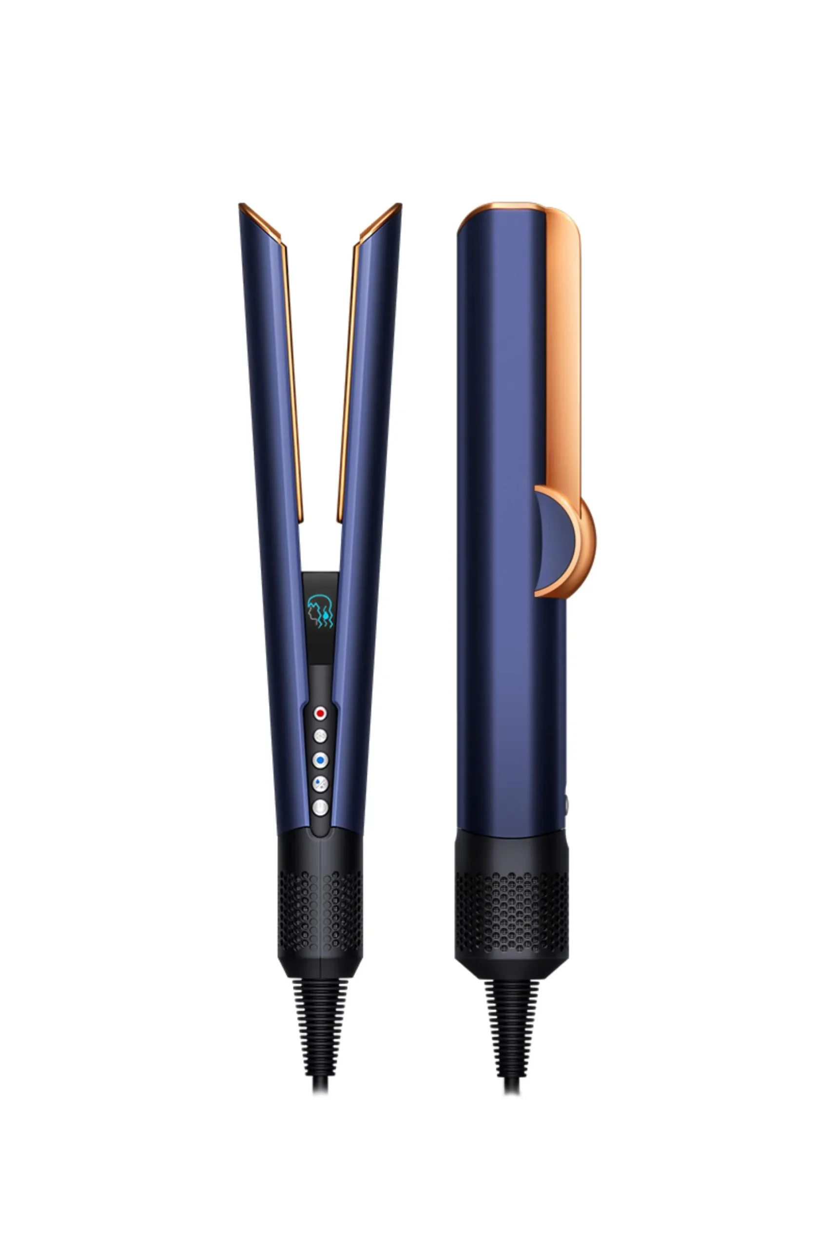 Two hair styling tools, a flat iron and a curling wand, in blue and gold, isolated on a white background.