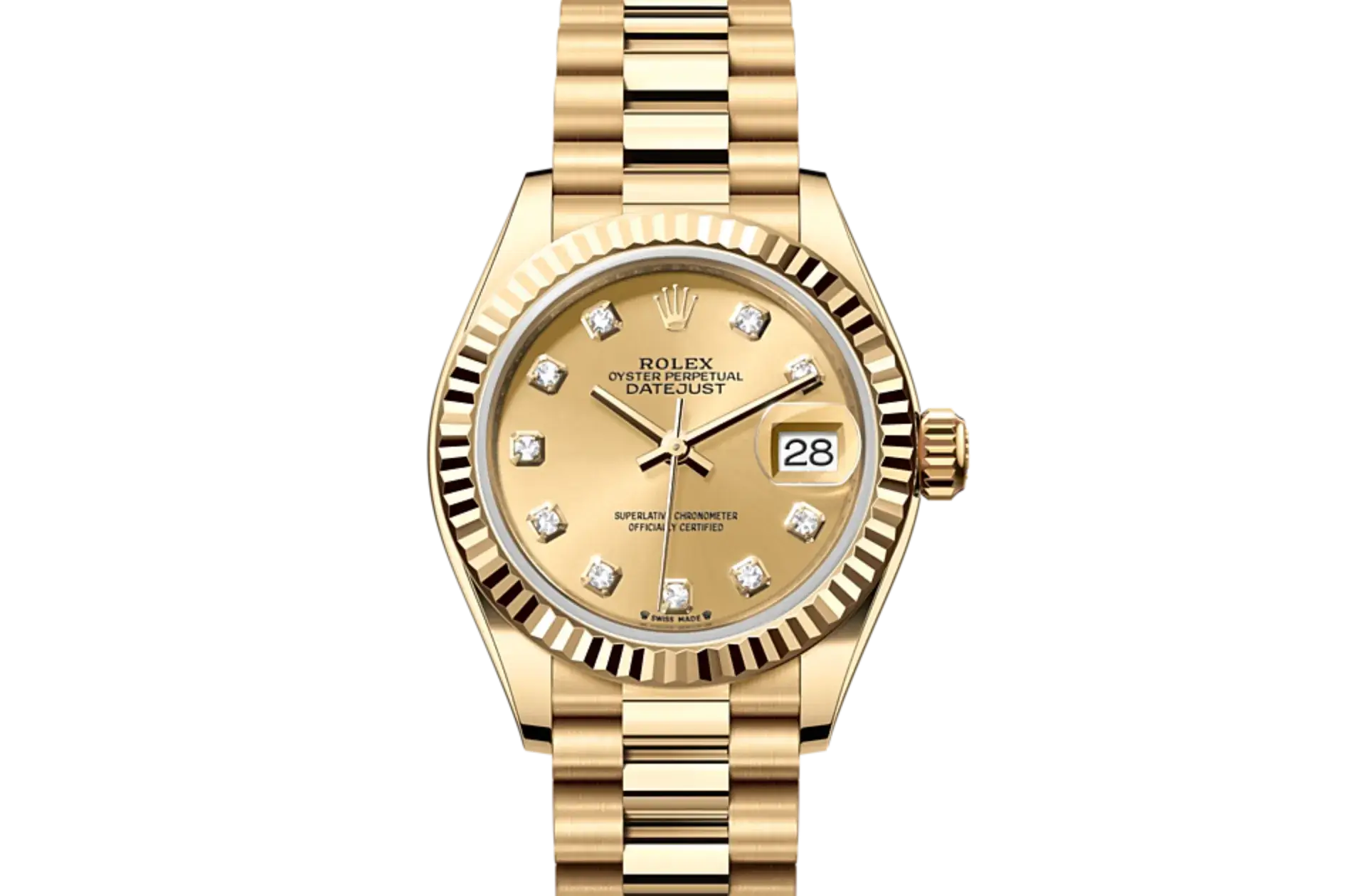 Gold Rolex Datejust watch with diamond hour markers on a striped black background.