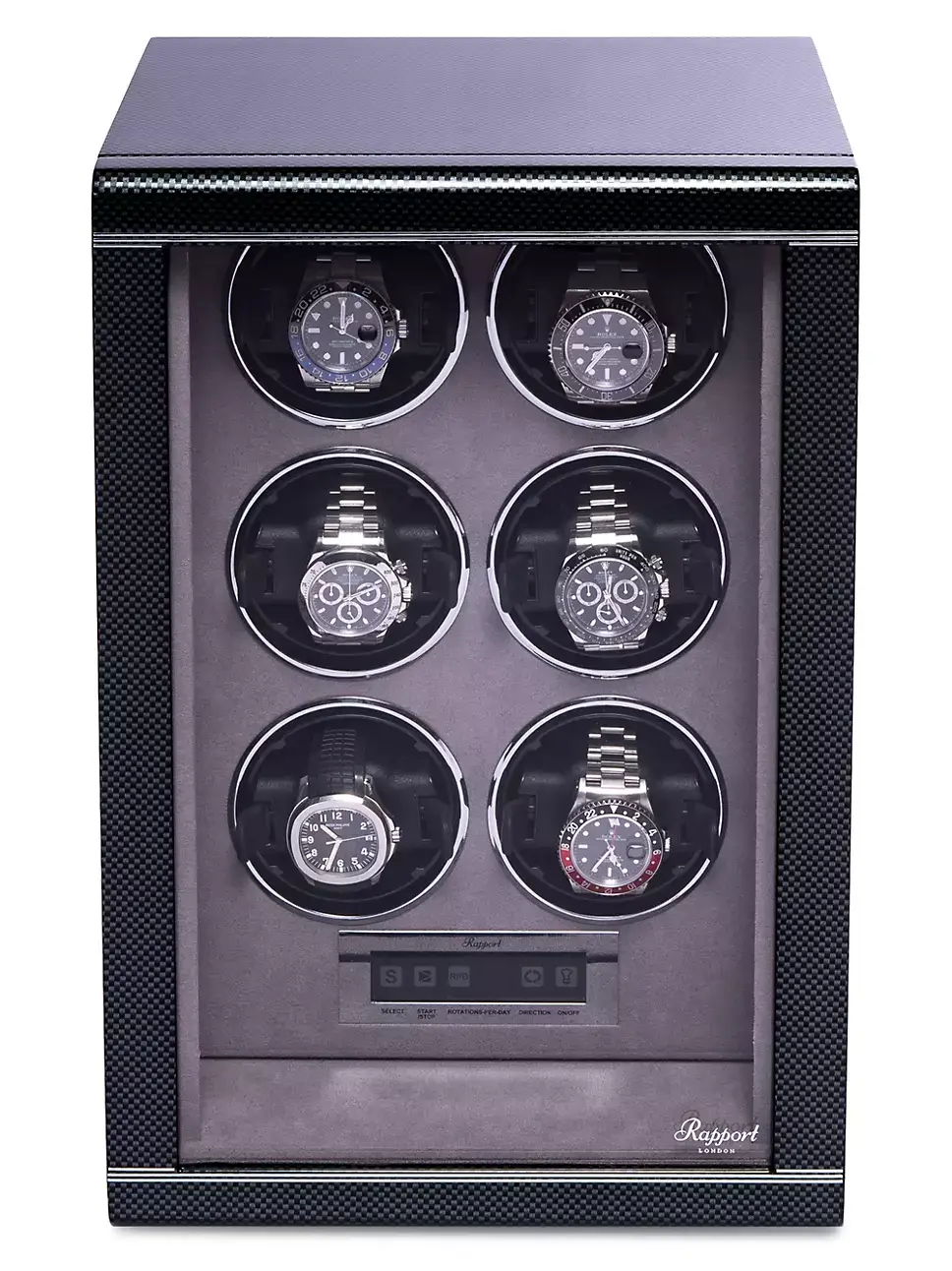 A black Rapport watch winder box displaying six luxury watches through a transparent glass door.