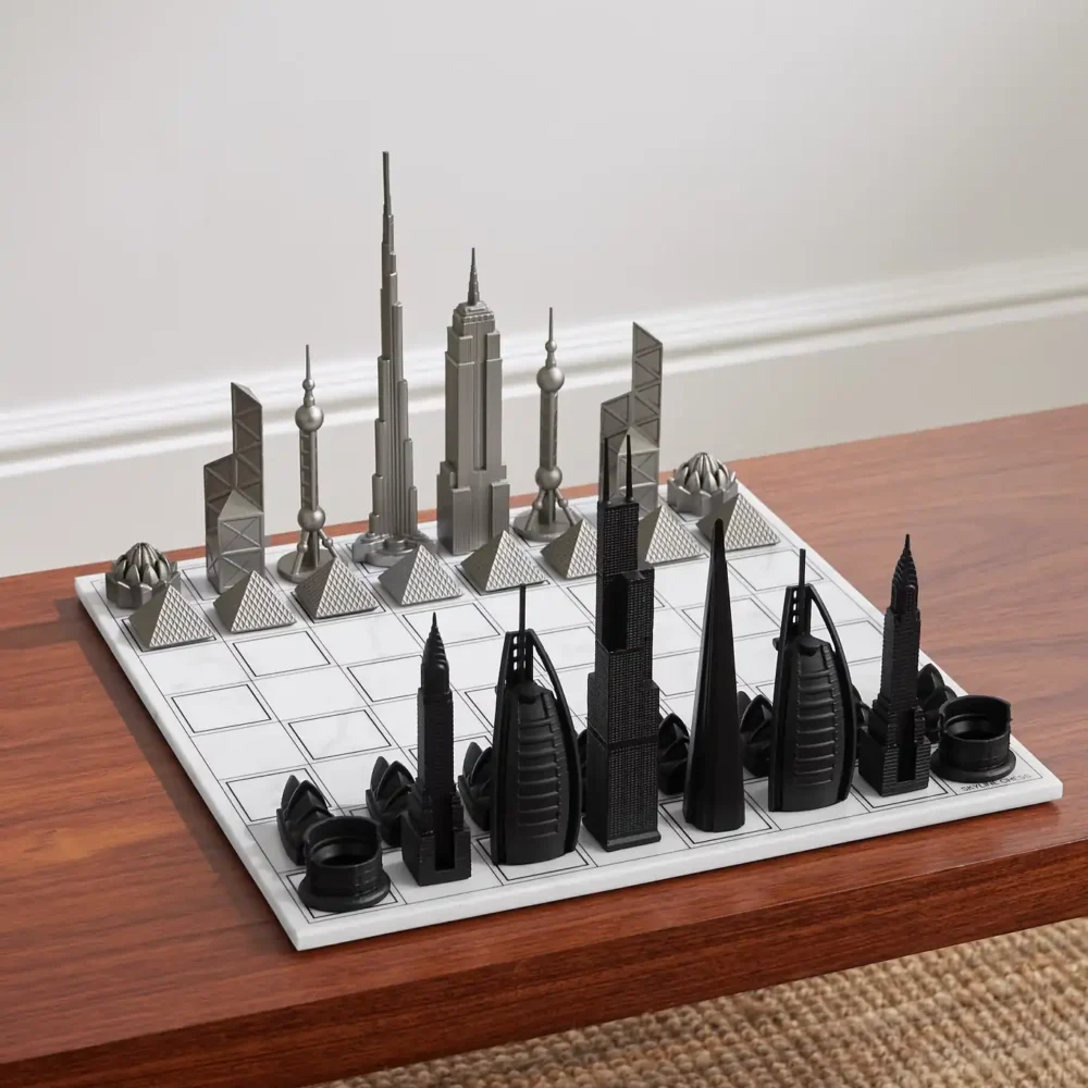 A 3D chess set with pieces modeled after famous skyscrapers, placed on a wooden table.