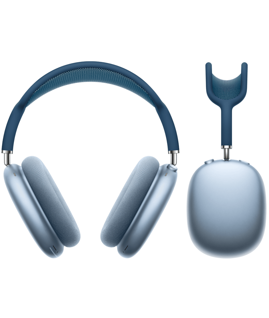 Blue over-ear headphones and a matching carrying case against a black background.