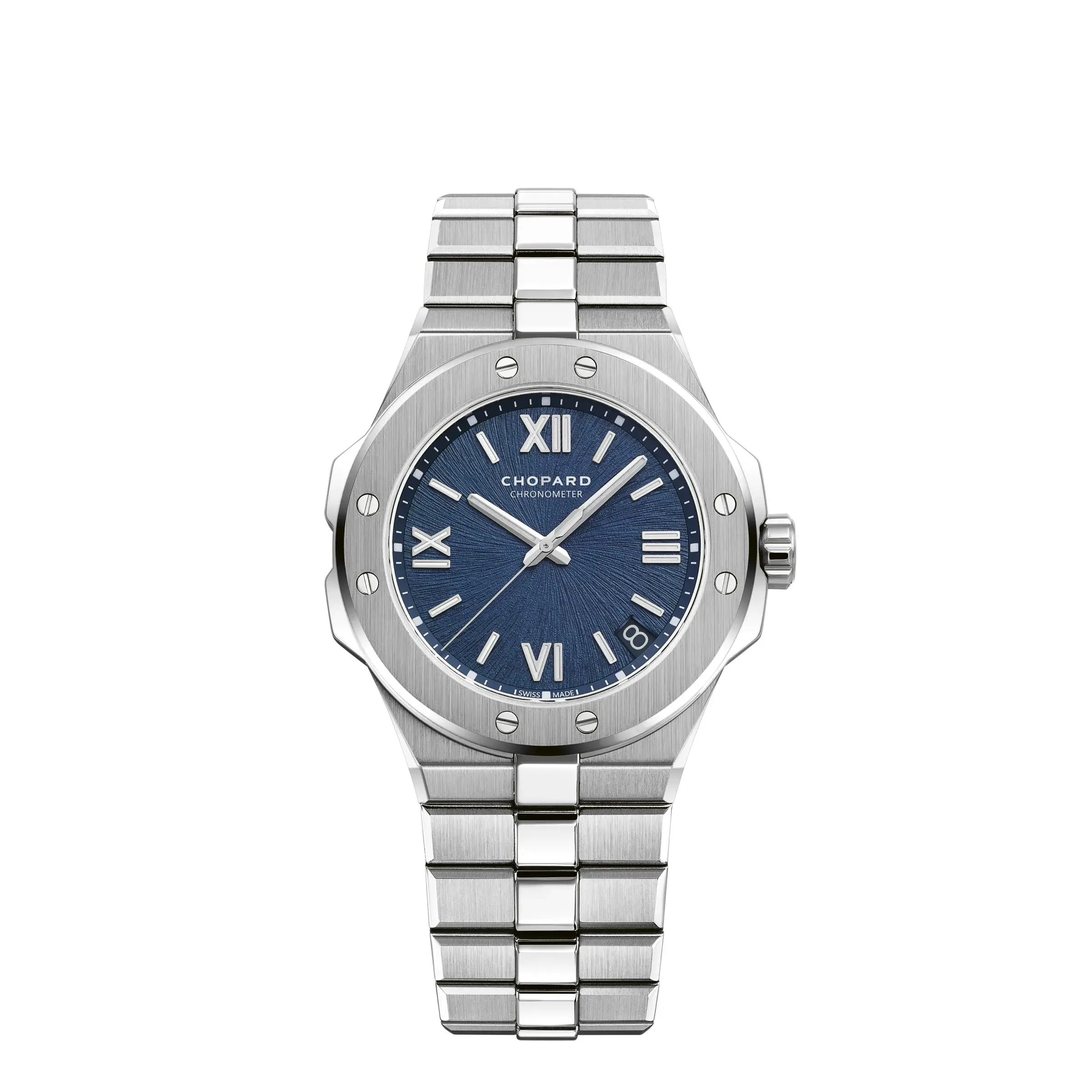 A Chopard luxury watch with a stainless steel bracelet, textured bezel, and blue dial featuring Roman numerals at the twelve and six o'clock positions.
