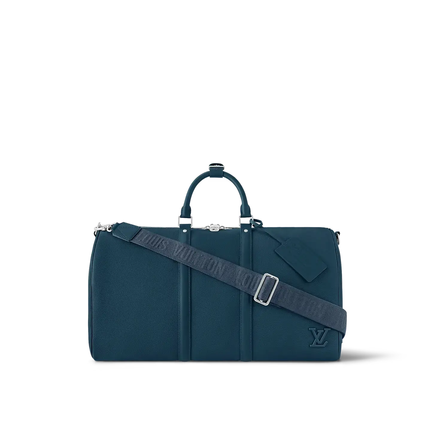 A dark blue Louis Vuitton bag with a structured appearance, featuring a top handle and a removable shoulder strap marked with the “Louis Vuitton” logo.