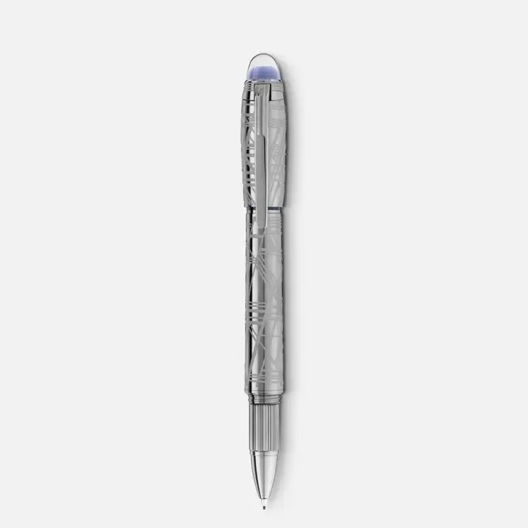 A silver retractable ballpoint pen with a textured grip and a clear plastic cap over the tip, isolated on a white background.