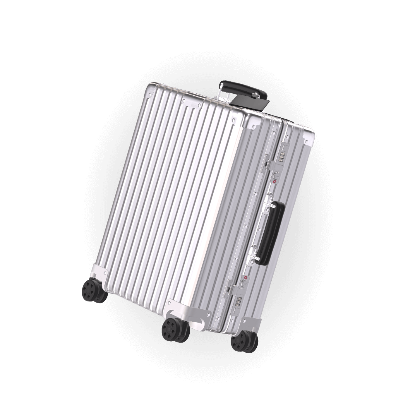 A silver, hard-shell suitcase with four wheels and reinforced metal corners, standing upright on a black background.