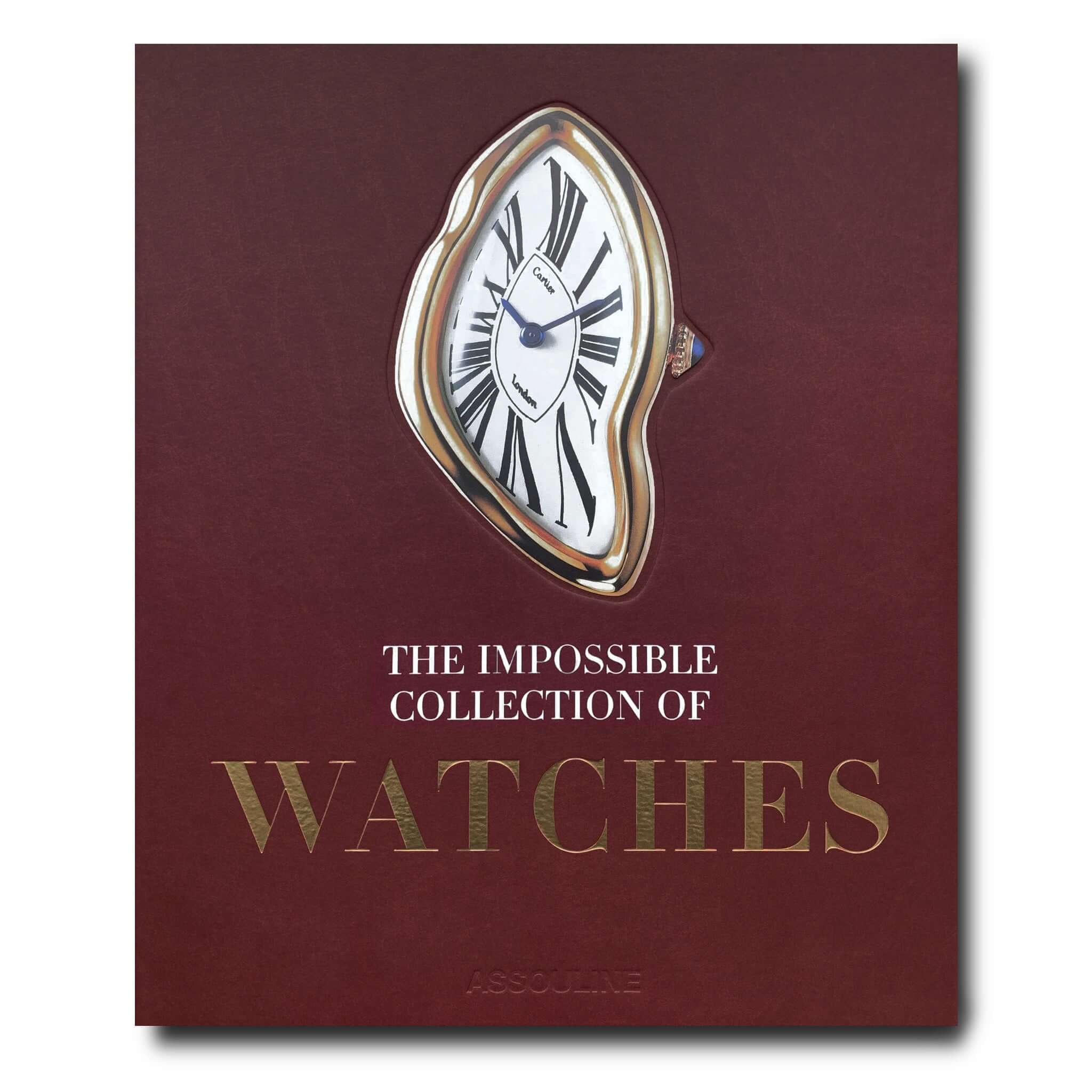 A book titled "The Impossible Collection of Watches" by Assouline, featuring a cover design with an embossed, distorted wristwatch graphic.
