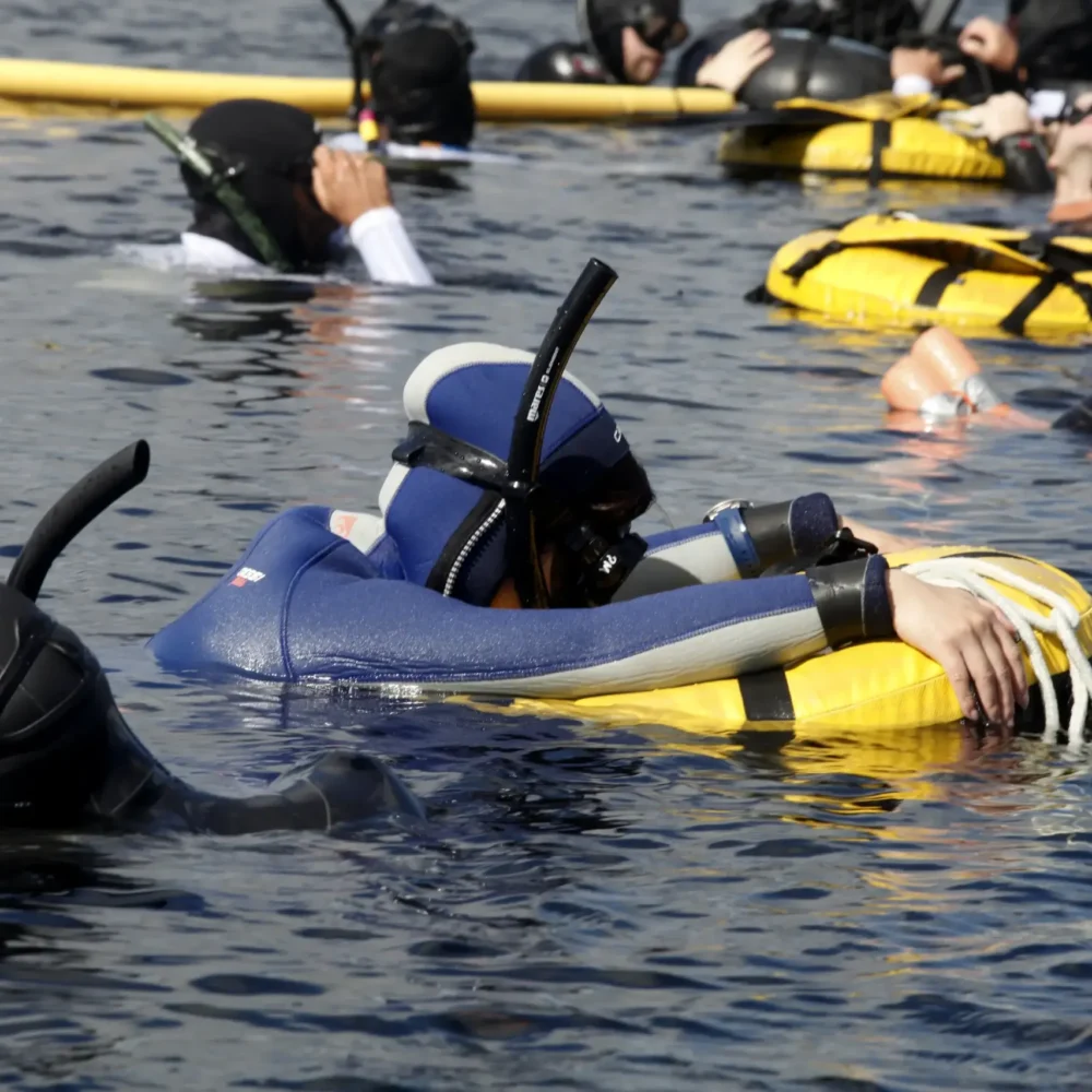 Scuba divers in wet suits and snorkeling gear floating on the surface of water during a training session.