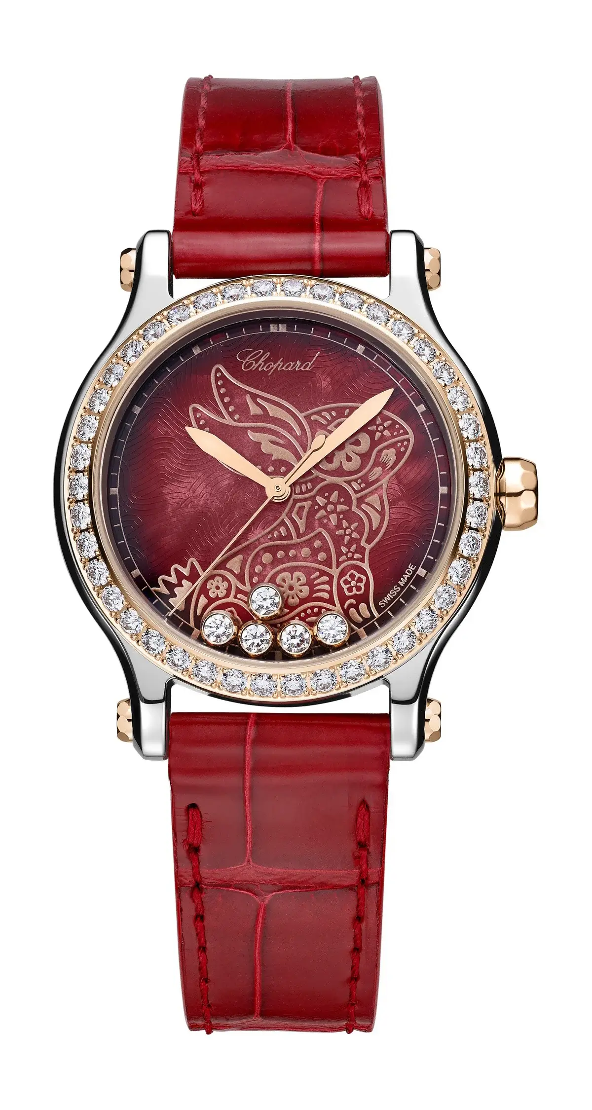 A Chopard watch with a red leather strap, diamond-studded bezel, and a detailed butterfly design on a maroon background.