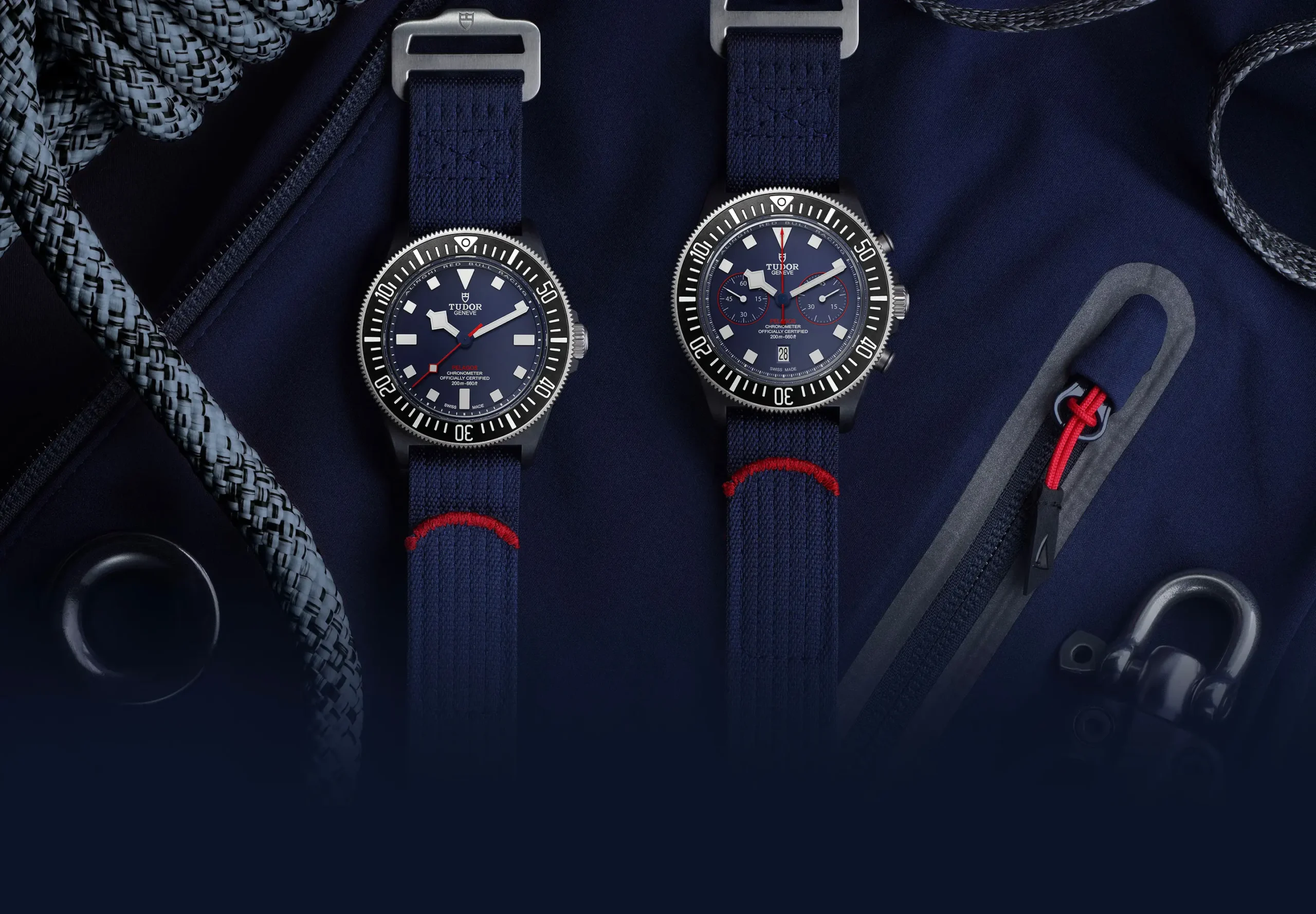 Two wristwatches with navy blue straps next to a backpack and earphones on a dark fabric background.