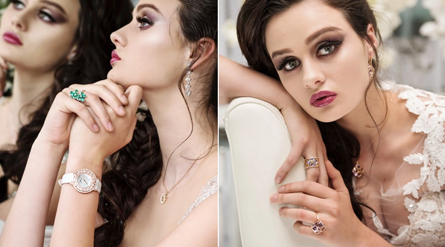 Two women showcasing elegant jewelry and watches in a bridal fashion setting, focusing on their adorned hands and sophisticated makeup.