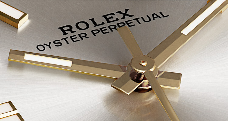 Close-up view of a Rolex Oyster Perpetual watch face with gold-toned hands and hour markers.