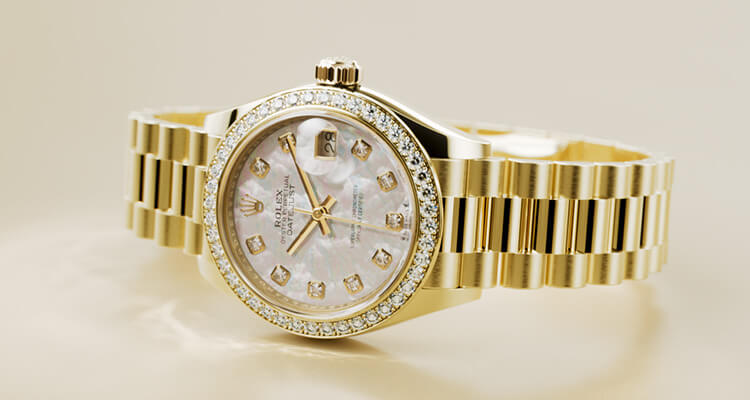 Gold and silver watch with a diamond-encrusted bezel, mother-of-pearl face, and Roman numerals, displayed on a plain background.